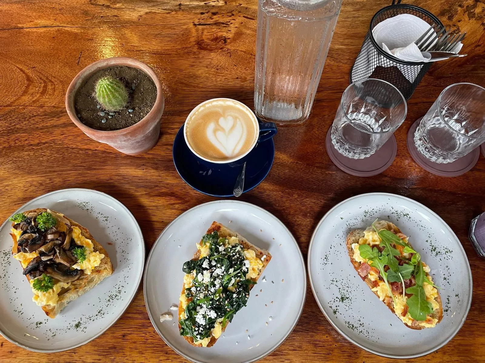Breakfast plates and coffee at Kambute